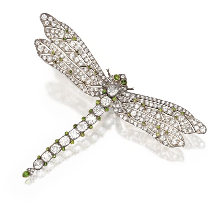 Platinum-Topped Gold, Diamond and Demantoid Garnet Dragonfly Brooch, Circa 1900 ...