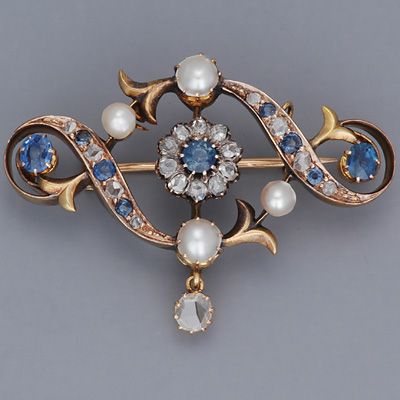 Sapphire, diamond, pearl and gold brooch.