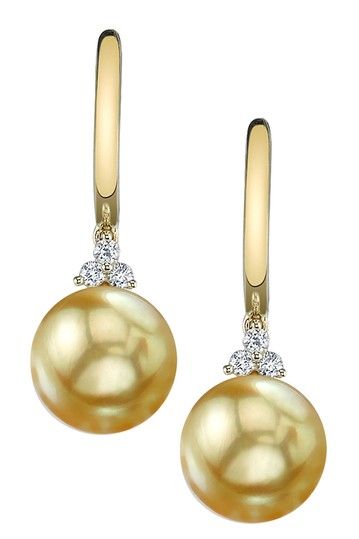 14K Yellow Gold 9mm Golden South Sea Pearl  Diamond Earrings