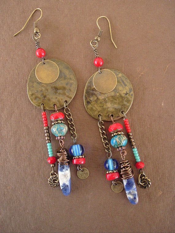 Boho Earrings, Rustic Tribal Gypsy Assemblage Earrings, Bohemian Jewelry, Southw...