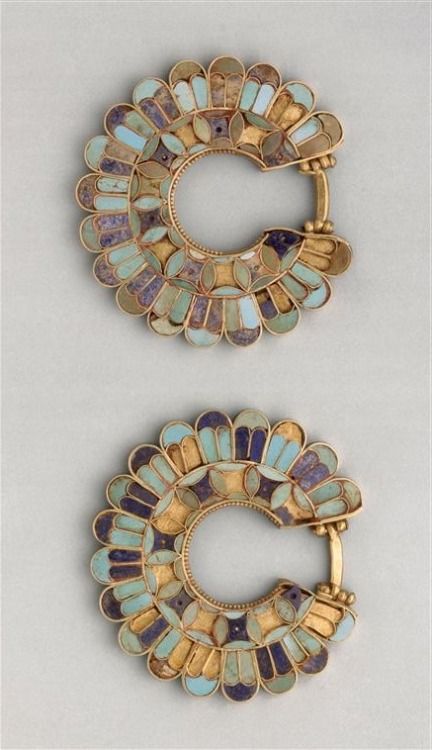 Cloisonné earrings, Susa Acropolis 400 b.c.  Gold, lapis lazuli, turquoise. Ac...