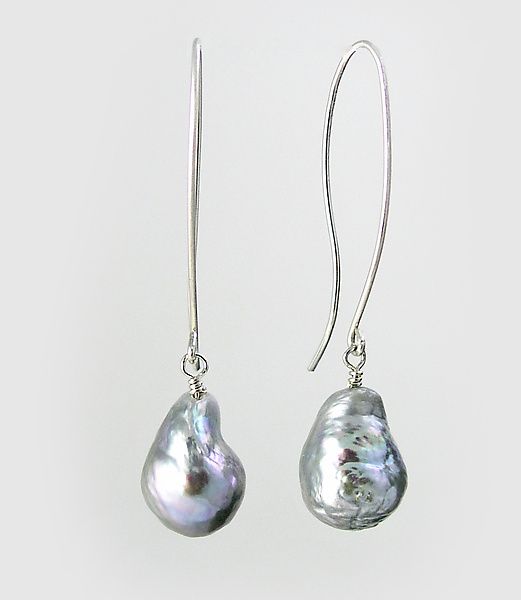 Gray Baroque Pearl Earrings on Wire by Claudia Endler: Silver & Pearl Earrings a...