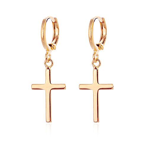 Loyoe Jewelry 24k Yellow Gold Plated Mens Cross Hoop Earrings with Snap Closure ...