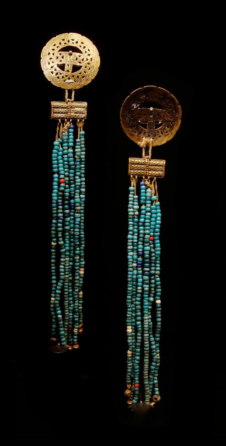 Ornaments, brass, leather, antique glass beads