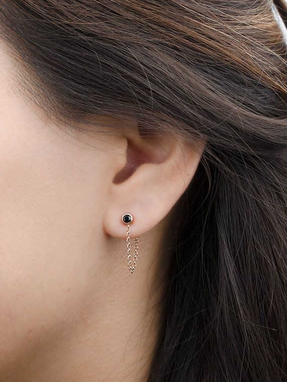 Tiny Chain & Stone Stud Earrings Rose Gold Black by lunaijewelry