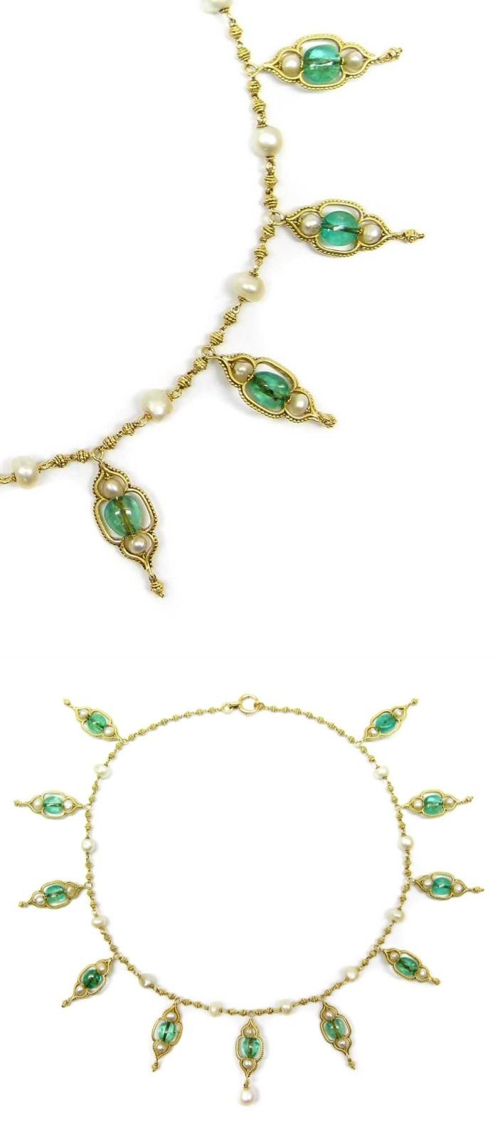 19th century emerald, pearl and gold fringe necklace, French c.1890, the bead an...