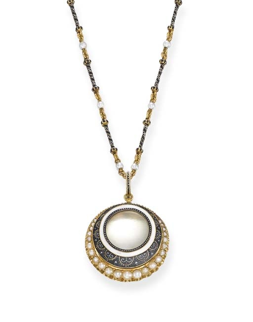 A PEARL AND ENAMEL PENDENT NECKLACE, BY GIULIANO   The central magnifying lens w...