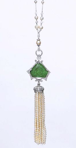 A PEARL, EMERALD AND DIAMOND NECKLACE   Designed as a seed pearl tassel, with an...