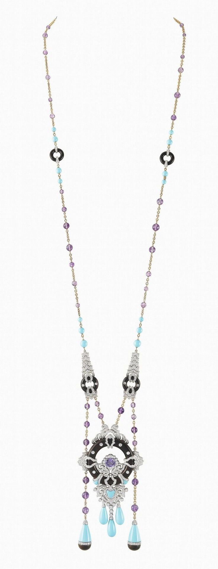 A diamond, amethyst, onyx, turquoise, and platinum necklace, by Van Cleef & Arpe...