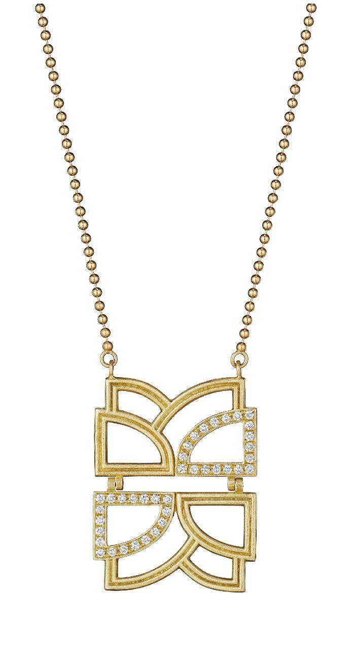 A modern Art Deco-inspired geometric gold and diamond pendant necklace by Doryn ...