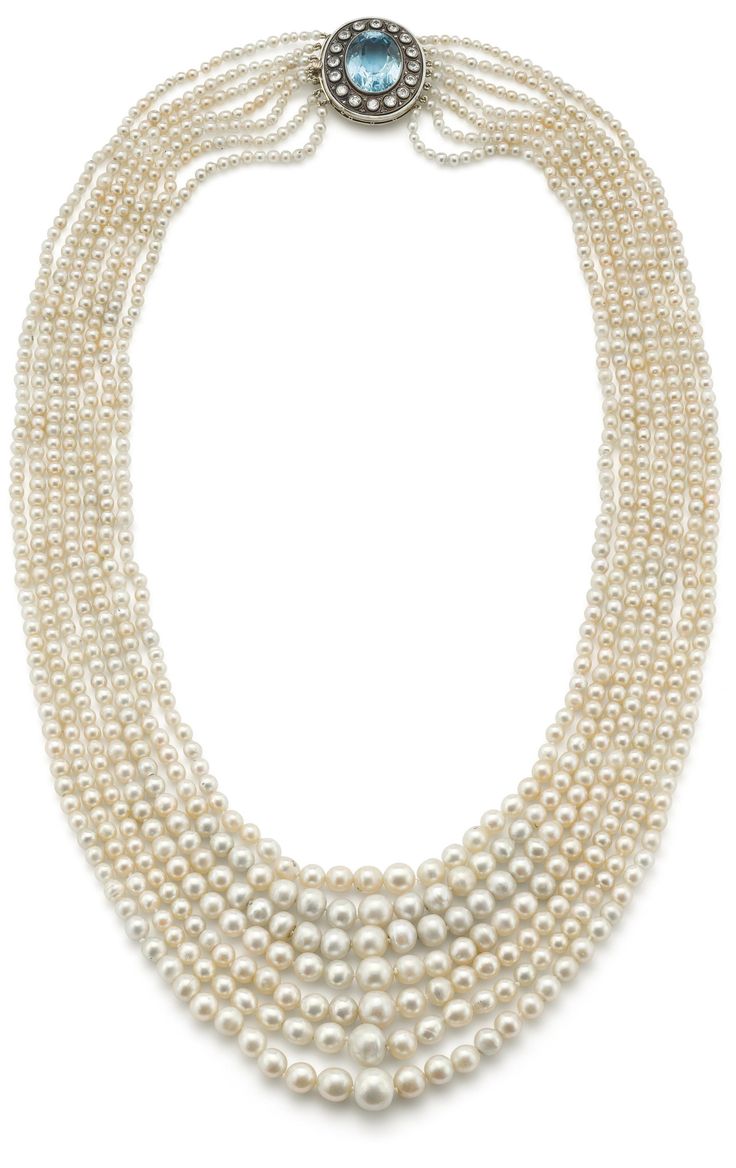 A natural pearl, aquamarine and diamond necklace