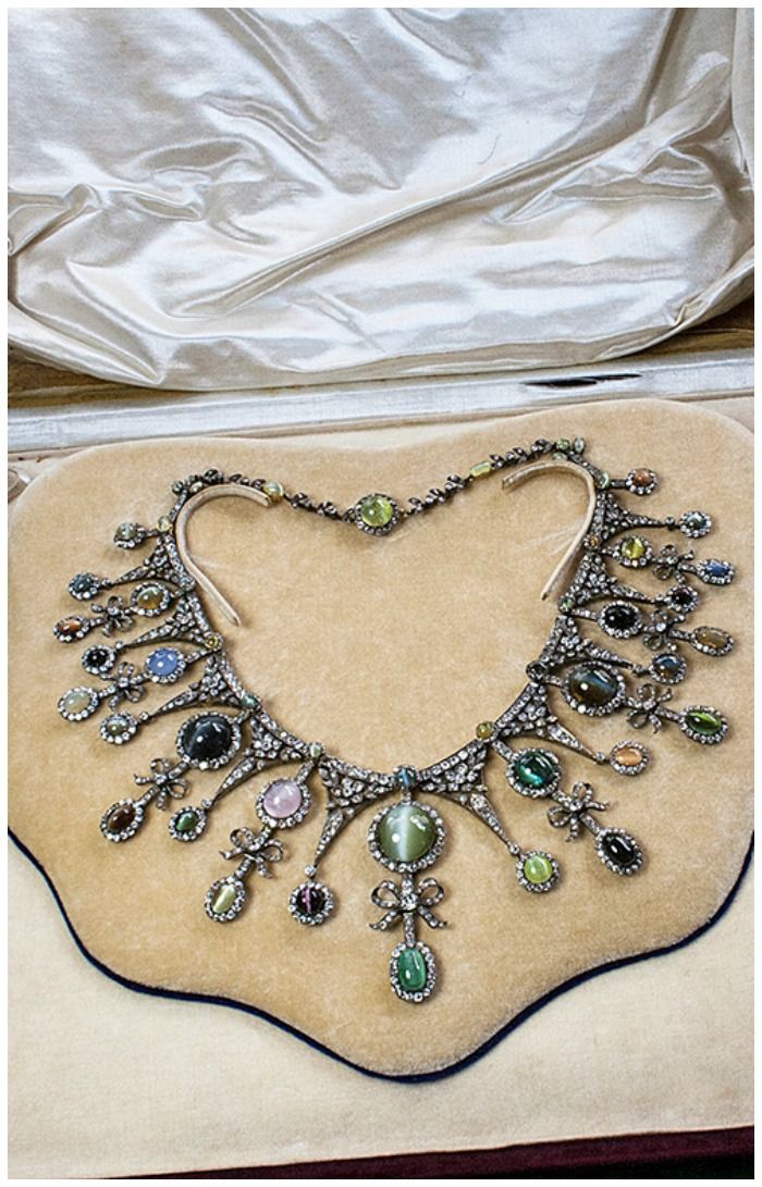 A rare and exquisite antique cat's eye and diamond necklace. Featuring sapph...