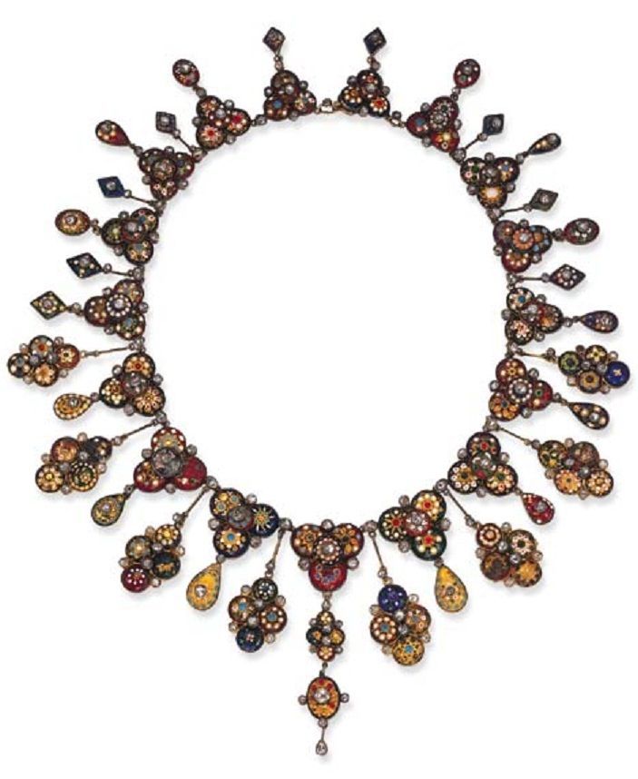 AN ANTIQUE GLASS, ENAMEL AND DIAMOND NECKLACE, CIRCA 1890. Designed as multi-col...