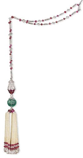 AN ELEGANT PEARL, RUBY, EMERALD AND DIAMOND NECKLACE, BY BHAGAT  The pendant des...