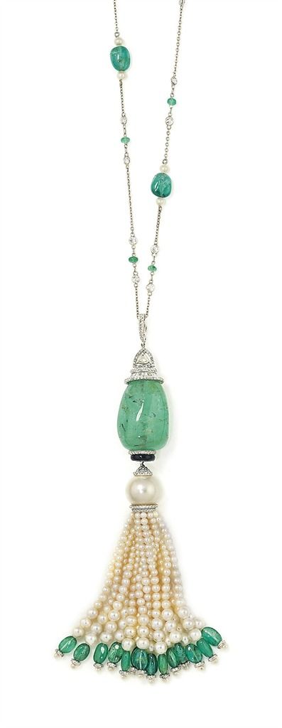 AN EMERALD, DIAMOND AND CULTURED PEARL PENDANT NECKLACE: The tumble polished…