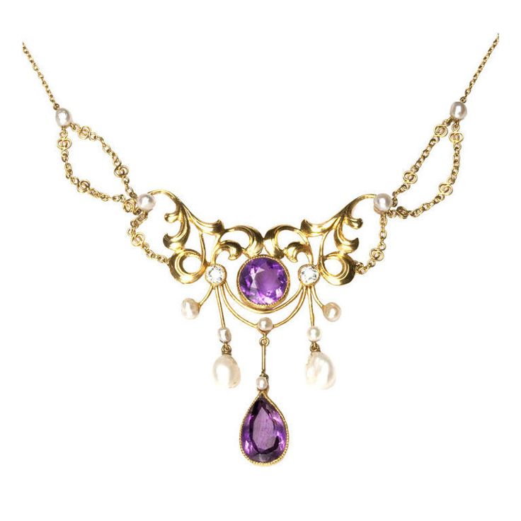 Amethyst, diamond, pearl and gold necklace.
