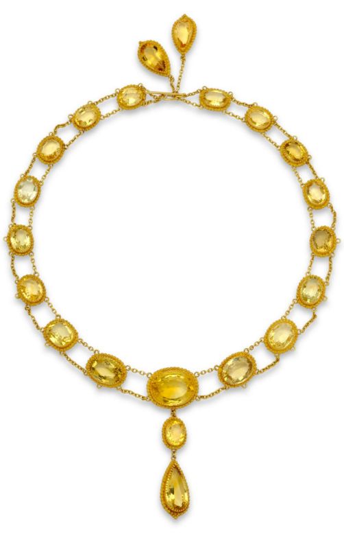 An Antique Citrine and Gold Necklace. The series of graduated oval citrine colle...