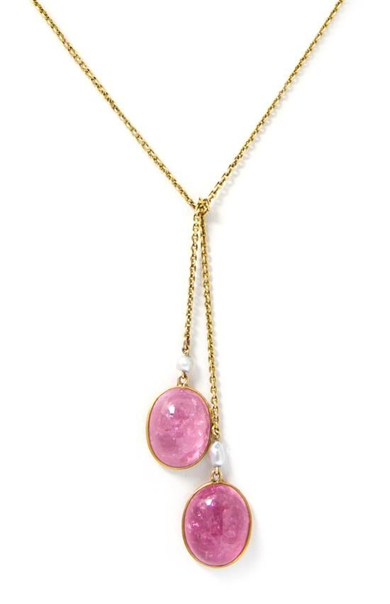 An Antique Yellow Gold, Pink Tourmaline and Pearl Lariat Necklace, consisting of...