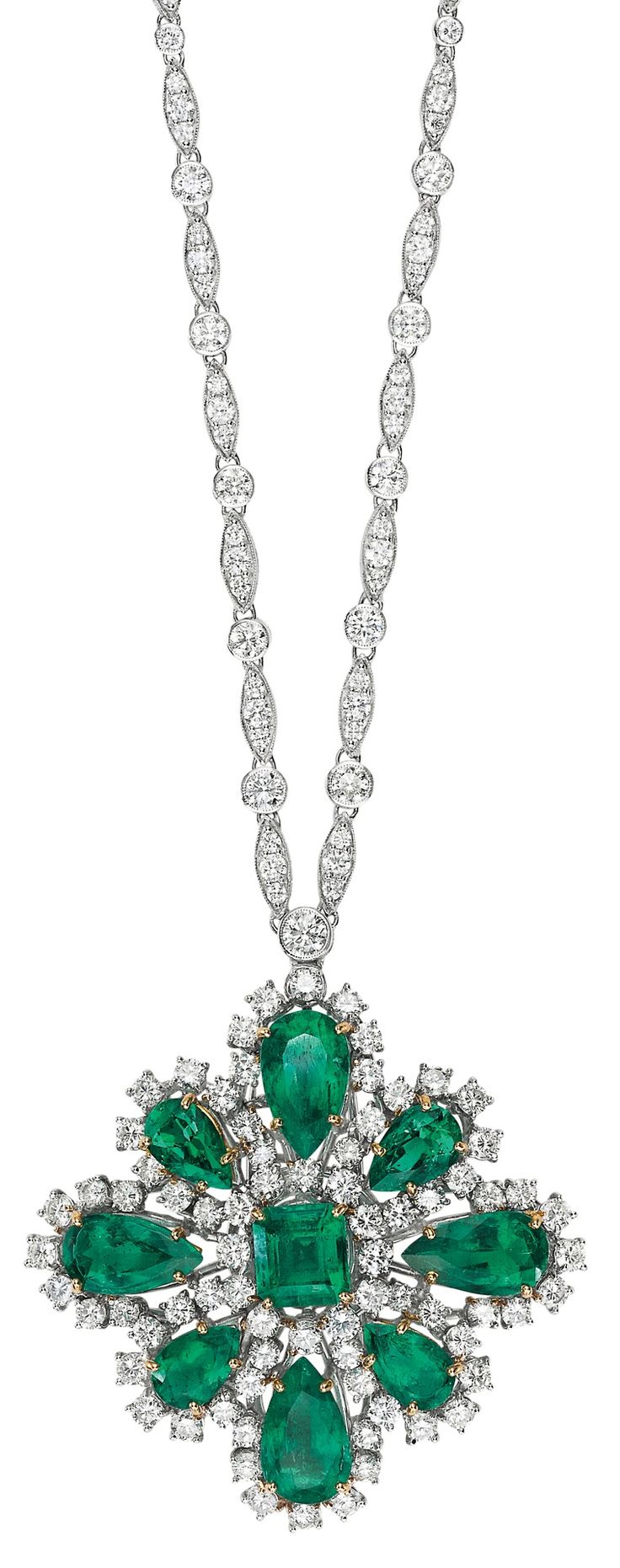 An Important Colombian Emerald and Diamond Brooch/Pendant Necklace.  The detacha...