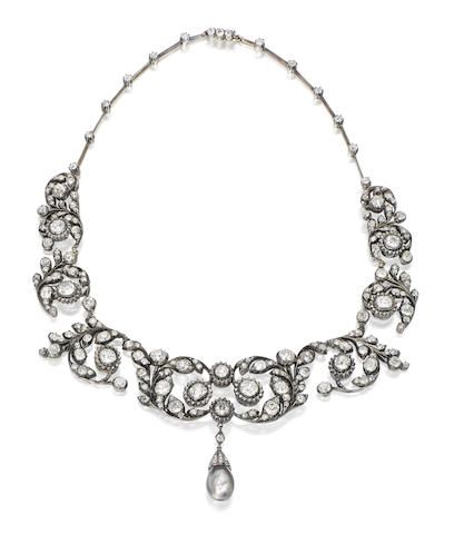 An antique diamond and natural pearl necklace, c. 1885