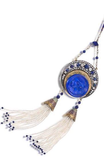 An enamel, lapis and gem-set pendant necklace centering a lapis cameo cuvette wi...