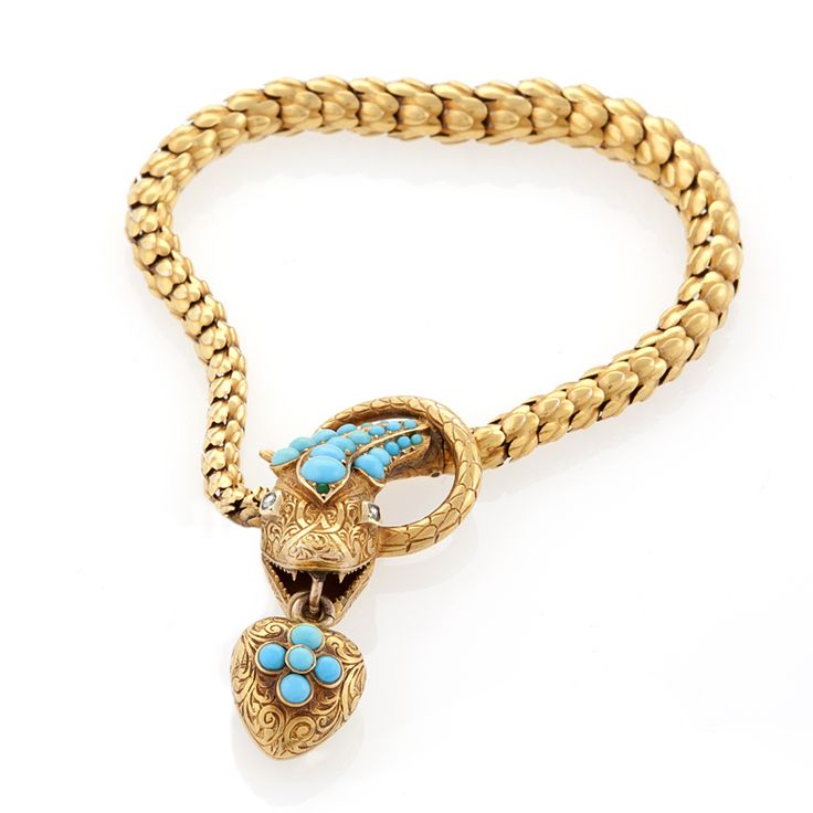 Antique victorian gold, turquoise and diamond serpent bracelet, 1860; the serpen...