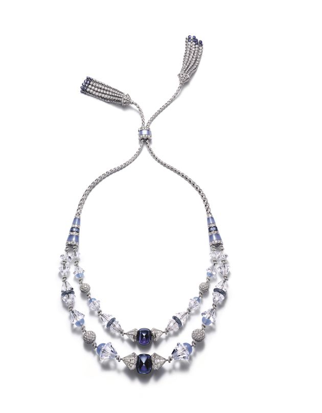 Blue chalcedony, rock crystal, sapphire, and diamond necklace in Indian style, b...