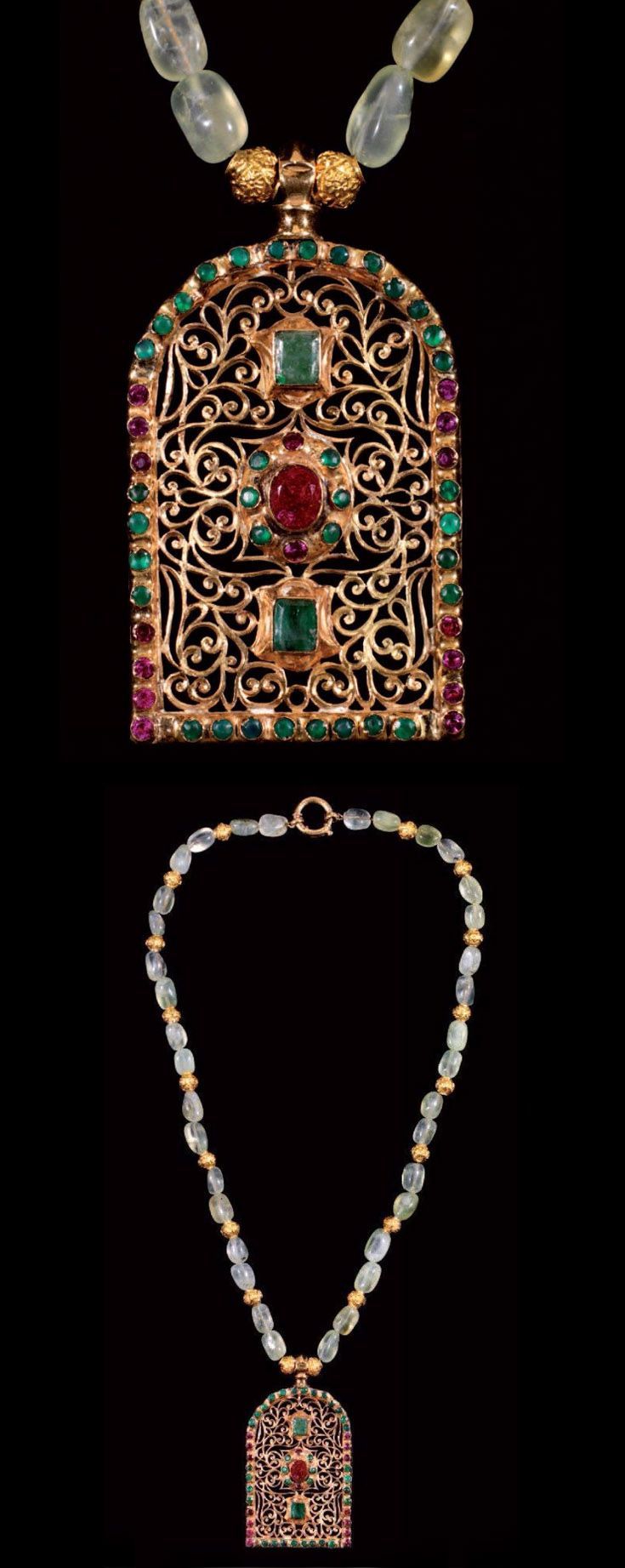 Emerald, ruby, quartz and gold necklace, Morocco.