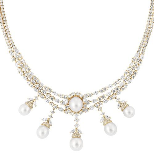 Gold, Diamond and Cultured Pearl Necklace   18 kt., set throughout with 254 roun...