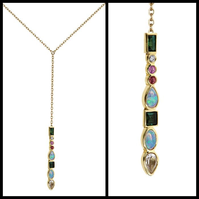 Ilana Ariel lariat Stepping Stone necklace in yellow gold with gemstones and dia...
