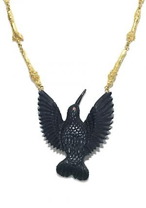 Jet, ruby and gold bird necklace.