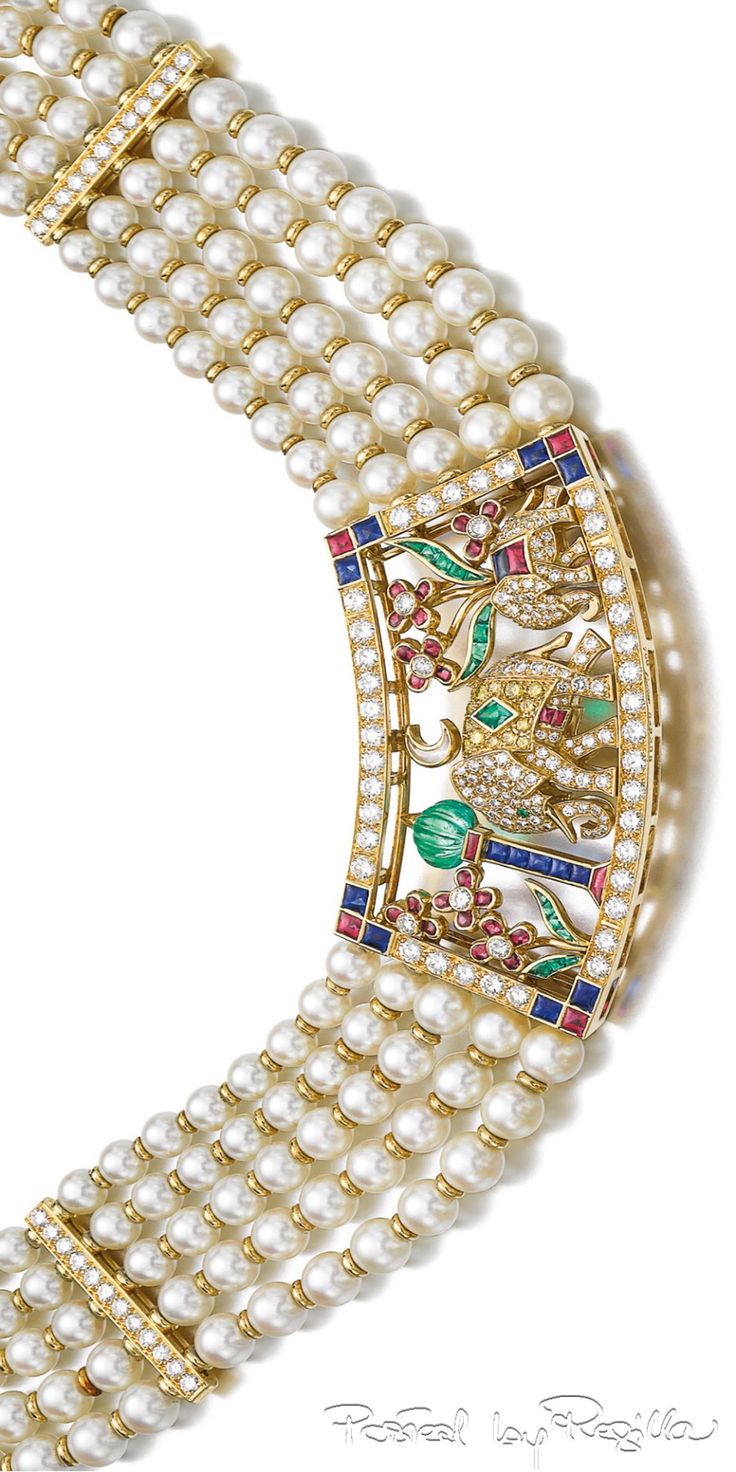 Ruby, emerald, sapphire, diamond, pearl and gold choker, by Cartier.