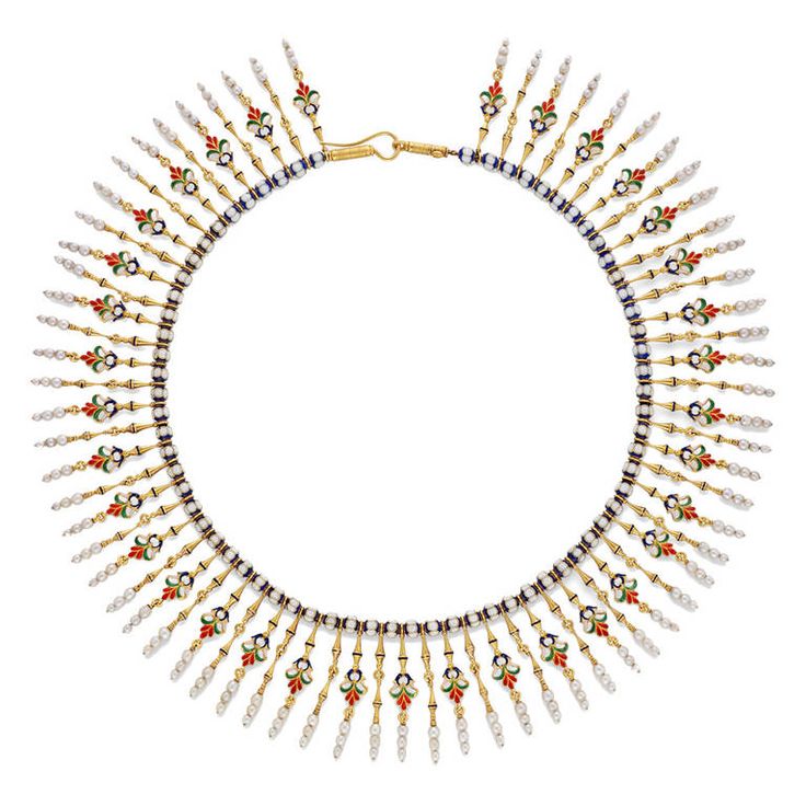 STUNNING!!   Giuliano Important Enamel Pearl Gold Fringe Necklace | From a uniqu...