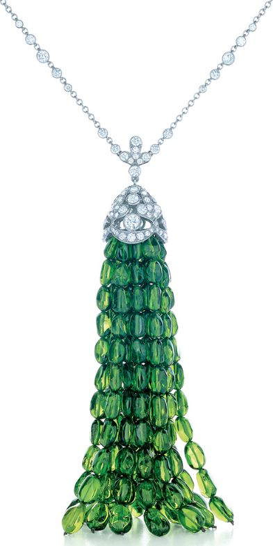 Tiffany & Co. diamond and platinum necklace with a green tsavorite tassel. From ...