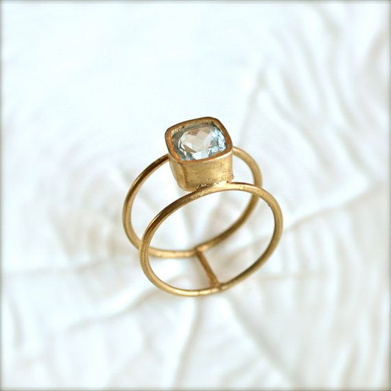 Double Wheel Gold Ring With Aquamarine Stone by illuminancejewelry, $65.00