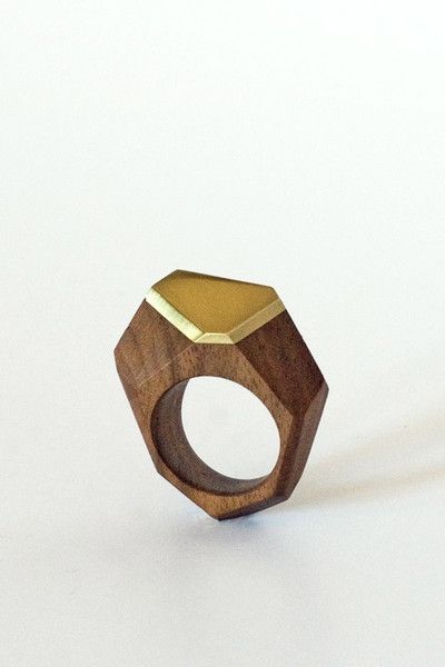 Hand Carved Wood Facet Ring, Walnut and Brass