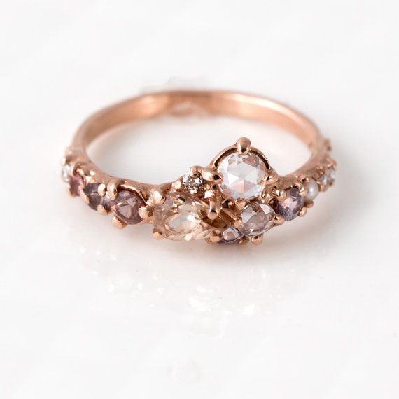 Pink Champagne Cluster Engagement Ring in 14k Rose Gold - Rose Cut White Diamond...