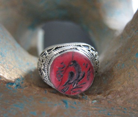 Silver Stamp Ring EAGLE with Dark Red Stone by TuaregJewelry, By Ineke Hemminga