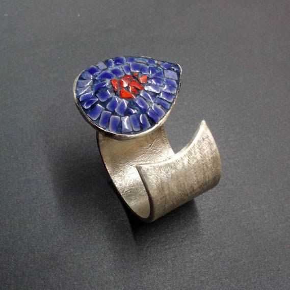 Sterling Silver Micro Mosaic Ring with mosaic ceramics tiles in blue, and orange...