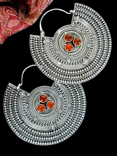 Spectacular large Sterling Silver and Carnelian Earrings handcrafted by Tibetan ...