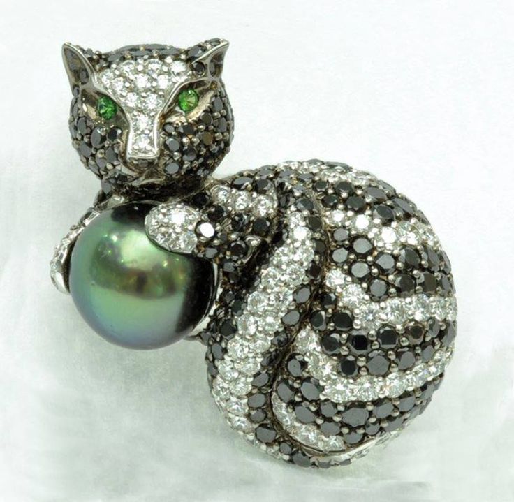 Cat Brooch with Black Diamonds, Colorless Diamonds, Tsavarite Garnet, Tahitian...