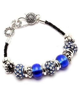 Bracelets : Blue Murano Charm Bracelet H6 Clear Crystals Black Cord S ...