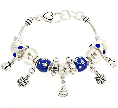Christmas Charm Bracelet C15 Blue White Murano Beads Crystal Silver Tone Recycle...