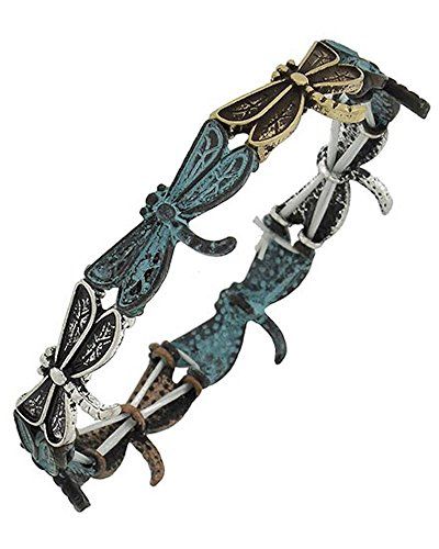Dragonfly Stretch Bracelet Z9 Tri Tone Silver Gold Patina Garden Recyclebabe Bra...