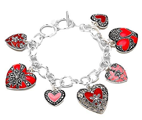 Heart Charm Bracelet C36 Red Pink Marcasite Look Recycleb... www.amazon.com/...