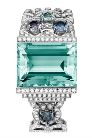 Cartier: Platinum bracelet set with aquamarine, spinels and diamonds.