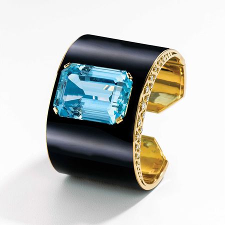 Cuff in 18k gold with enamel, 105 cts. t.w. aquamarine, and 1.3 cts. t.w. diamon...