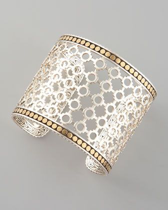 John Hardy Wide Dot Cuff - sterling silver openwork with 18K yellow gold dot fra...