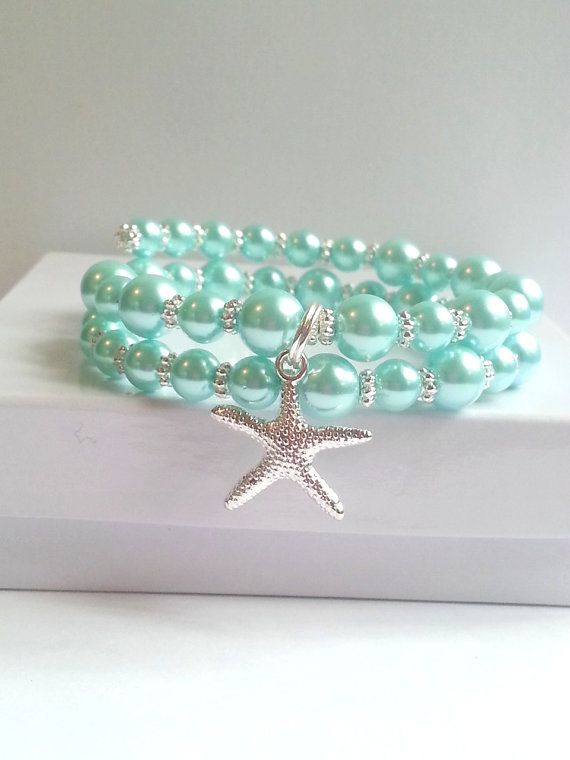 Light turquoise pearl memory wire bracelet by beachseacrafts