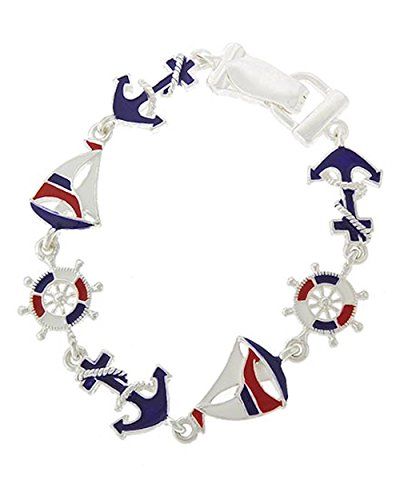 Nautical Boating Charm Bracelet C32 Red White Blue Magnetic Fold Over Clasp Recy...